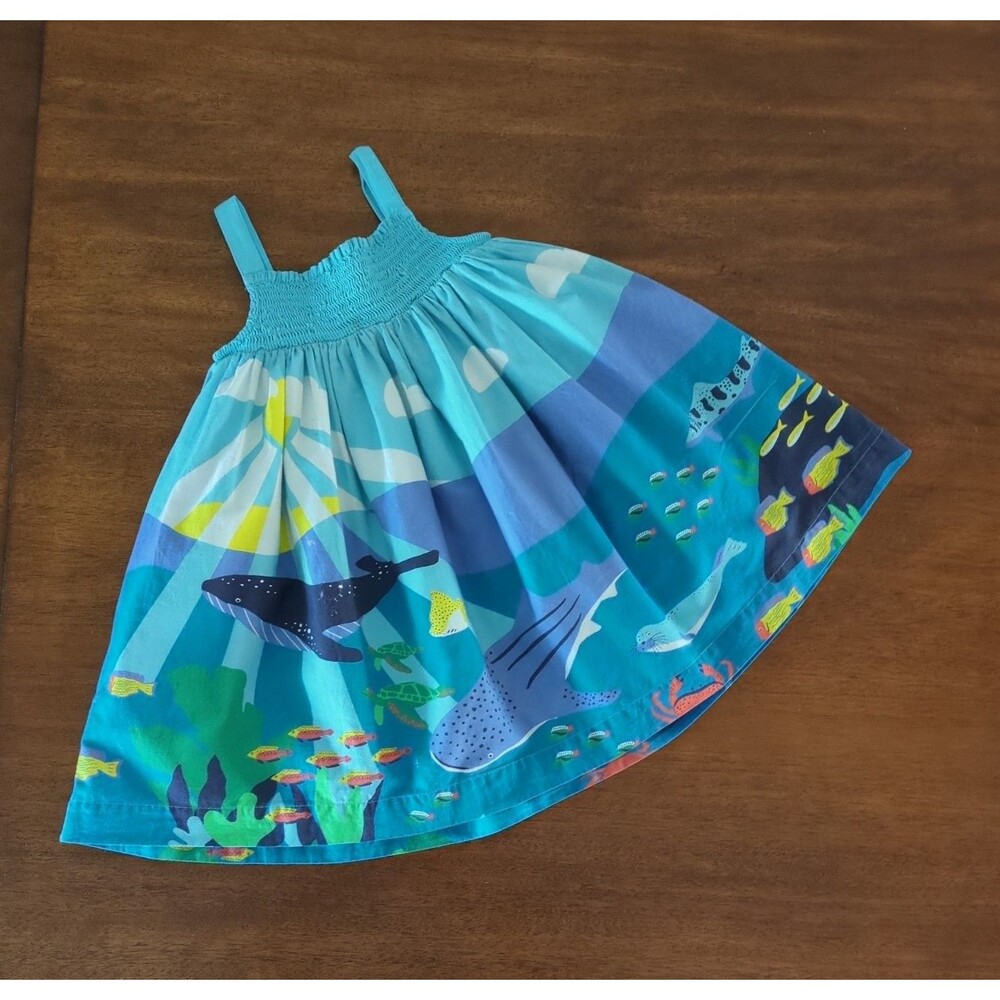 Mini Boden Kids' Print Smocked Sundress in a multi-color coastal scene size 3/4